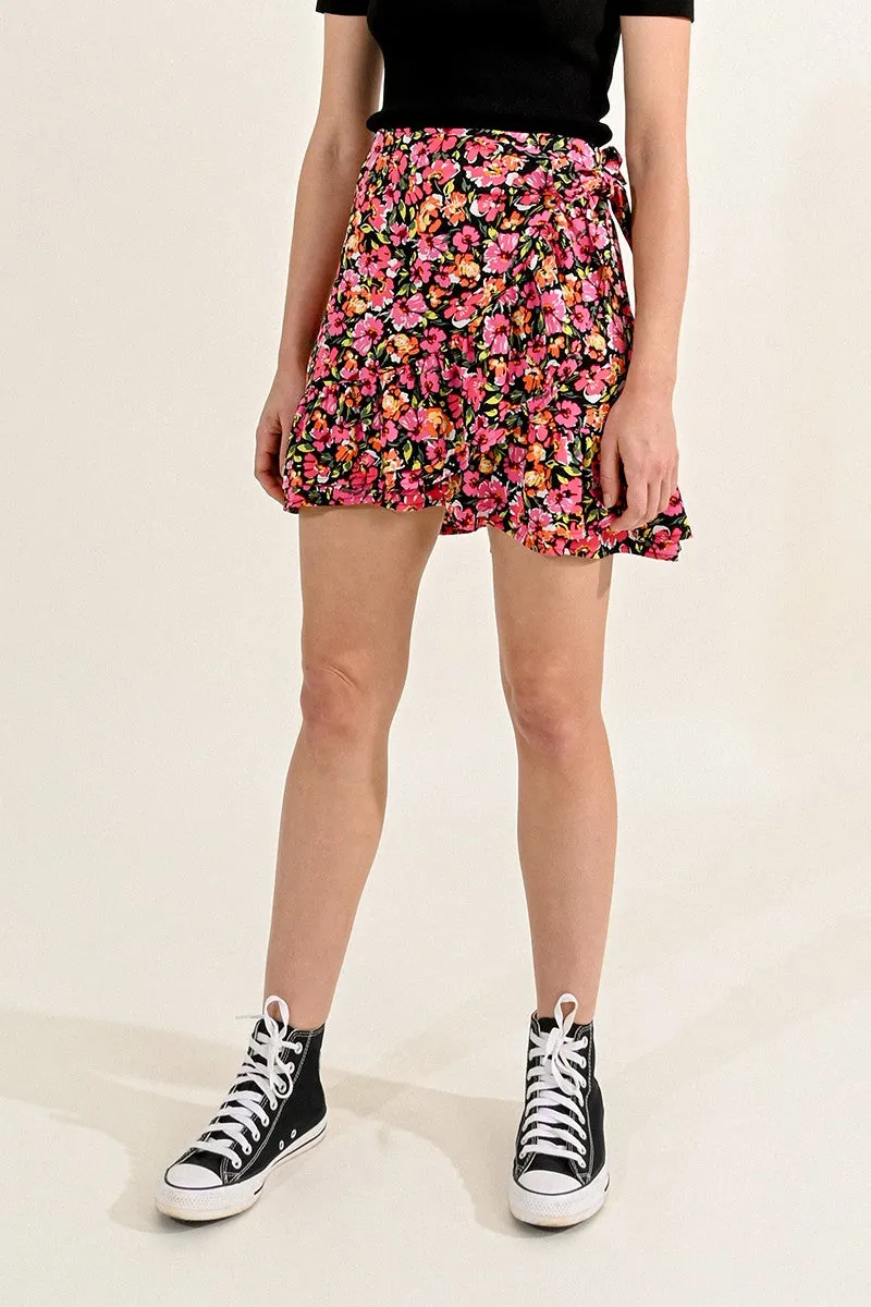 FAUX WRAP FLORAL MINI SKIRT