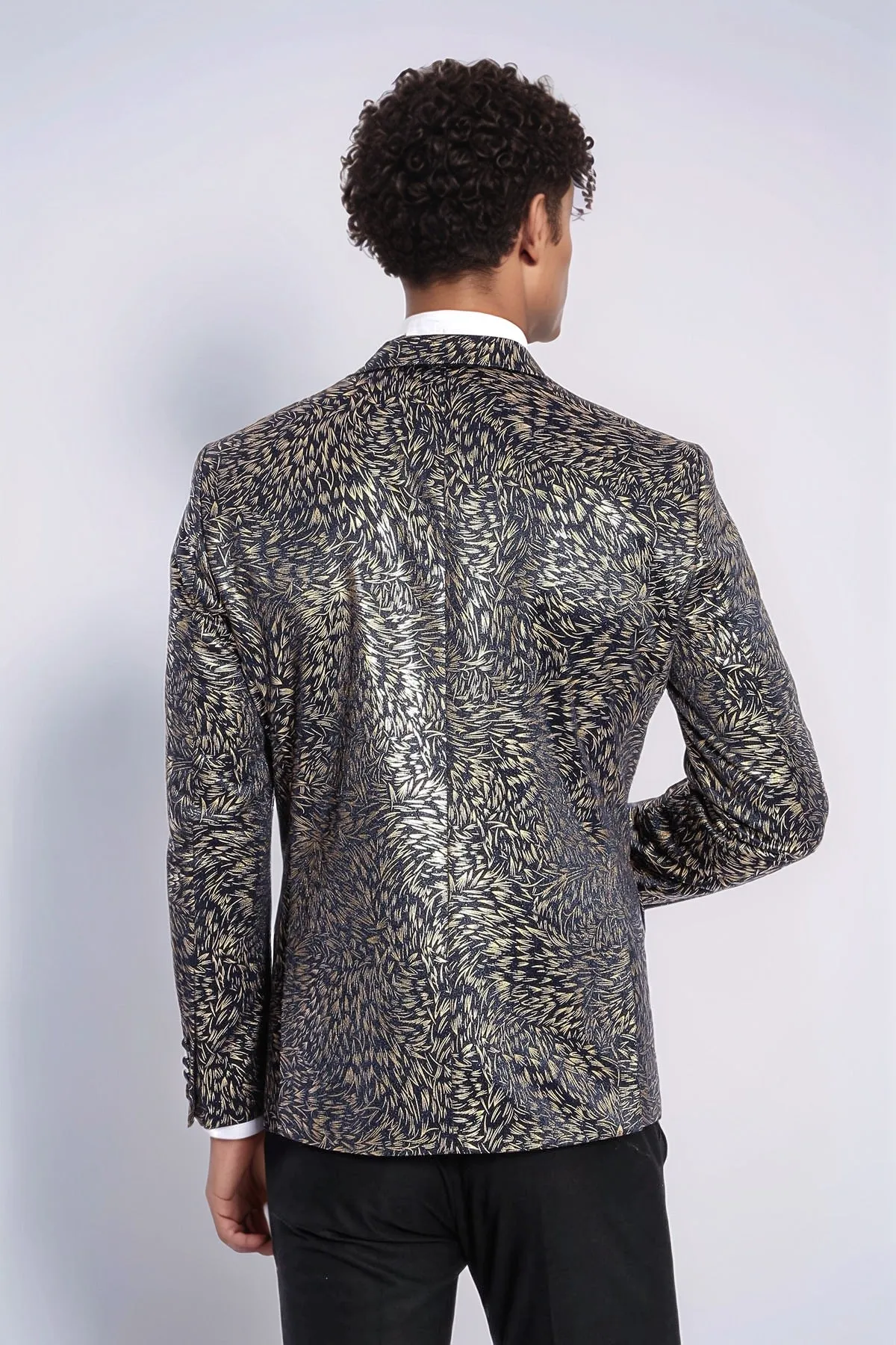 Feather Patterned Slim Fit Navy Blue Men Prom Blazer - Wessi