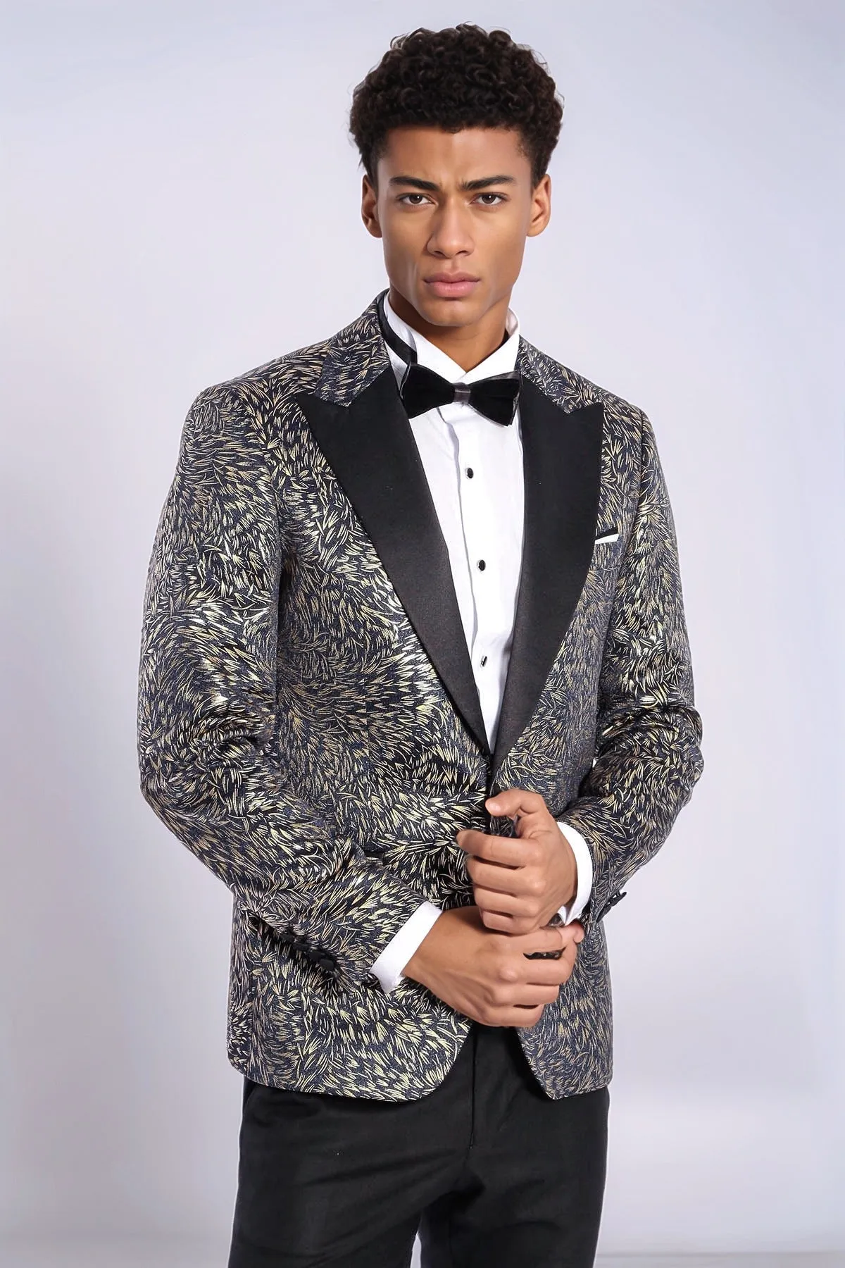 Feather Patterned Slim Fit Navy Blue Men Prom Blazer - Wessi