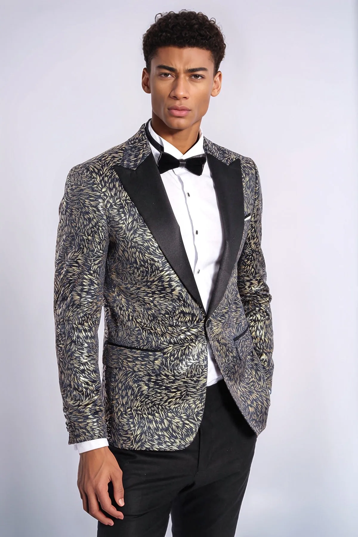 Feather Patterned Slim Fit Navy Blue Men Prom Blazer - Wessi
