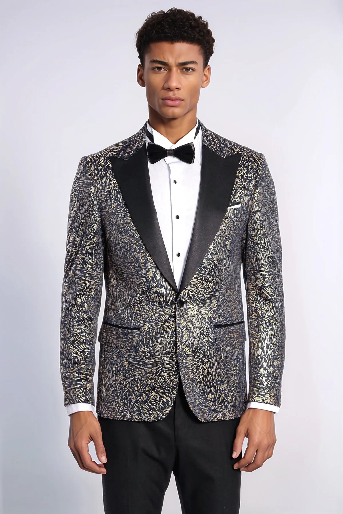 Feather Patterned Slim Fit Navy Blue Men Prom Blazer - Wessi