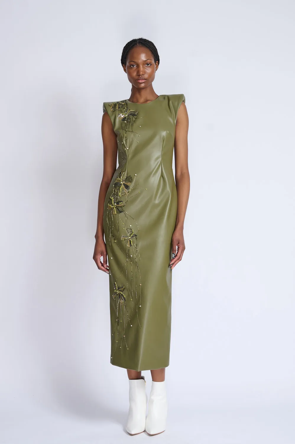 Fleur Embroidered Cactus Vegan Leather Sheath Dress