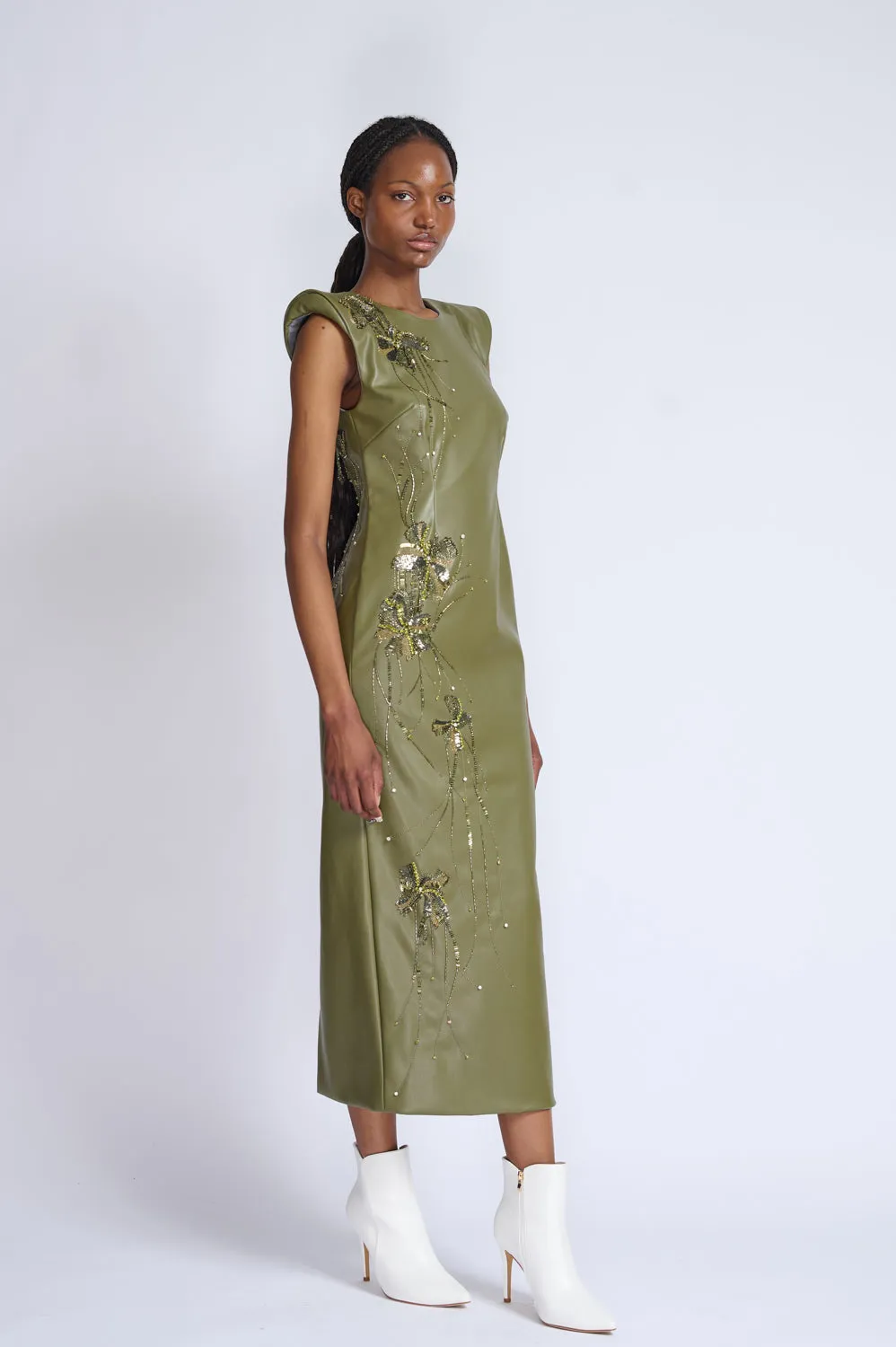 Fleur Embroidered Cactus Vegan Leather Sheath Dress