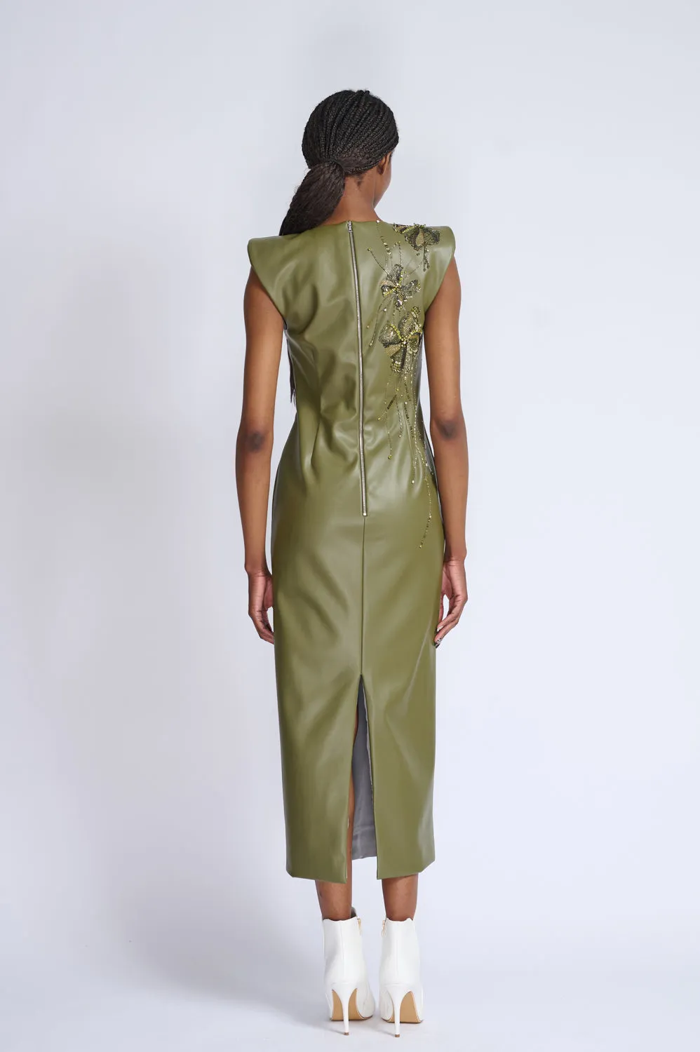 Fleur Embroidered Cactus Vegan Leather Sheath Dress