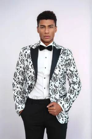 Floral Patterned Peak Lapel White Men Prom Blazer - Wessi