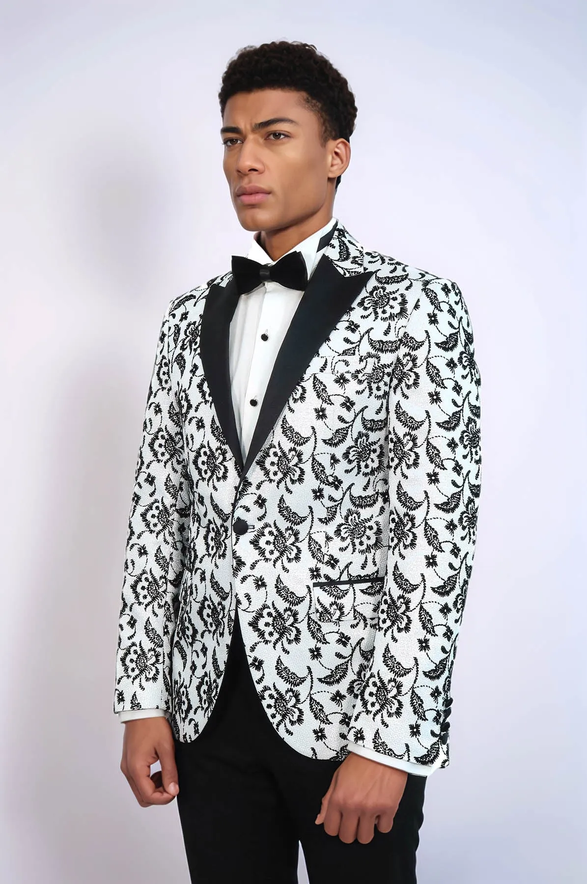 Floral Patterned Peak Lapel White Men Prom Blazer - Wessi