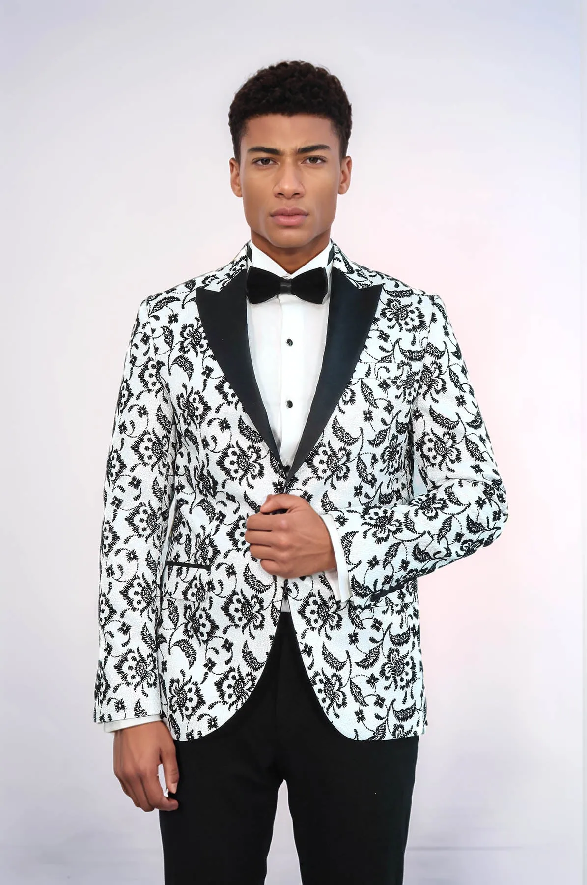 Floral Patterned Peak Lapel White Men Prom Blazer - Wessi