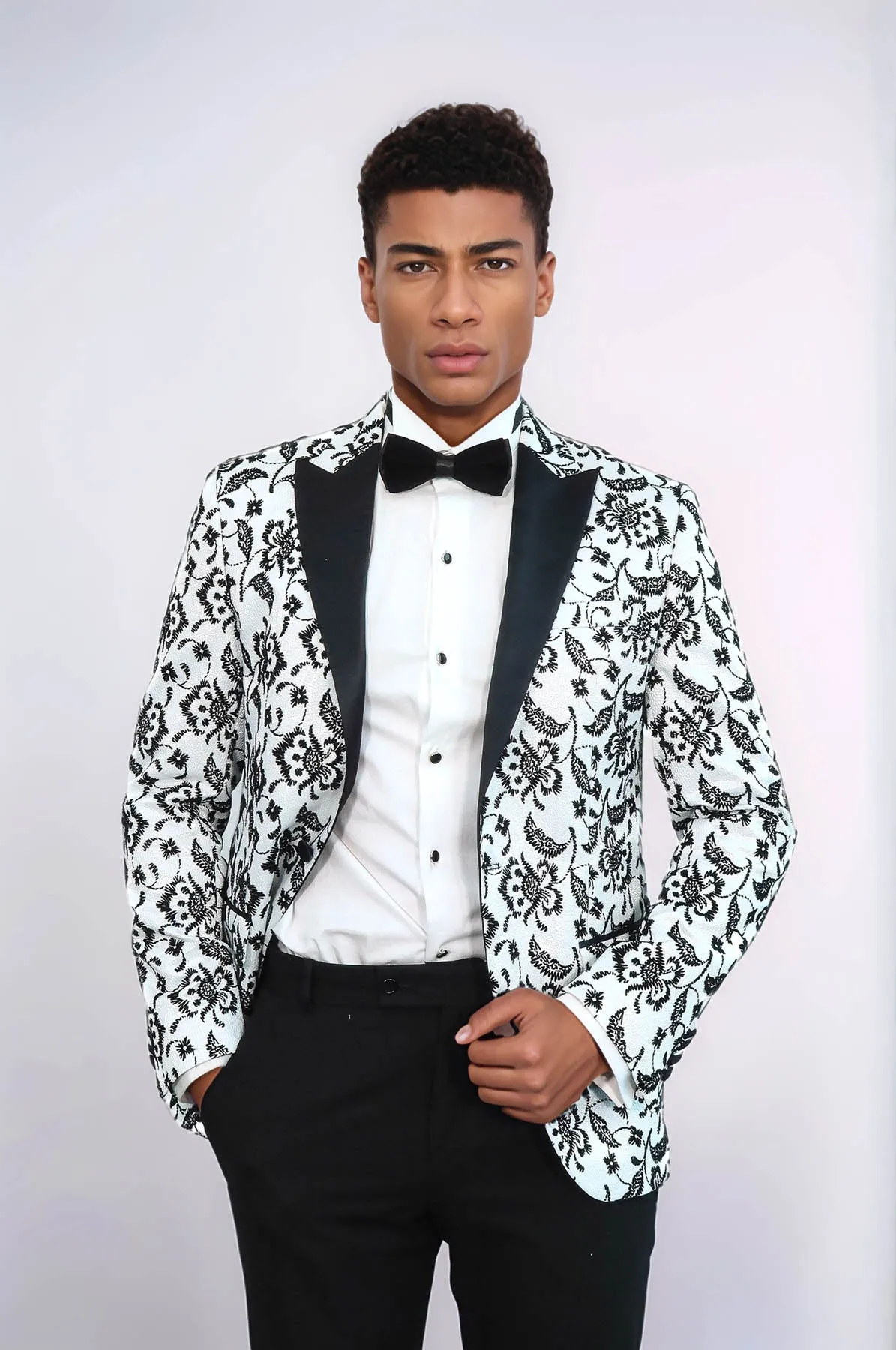 Floral Patterned Peak Lapel White Men Prom Blazer - Wessi