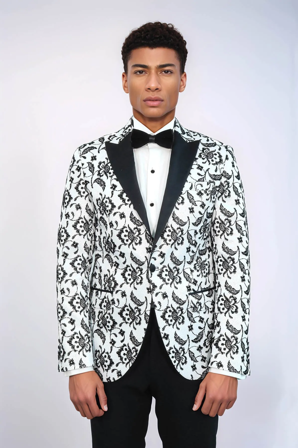 Floral Patterned Peak Lapel White Men Prom Blazer - Wessi