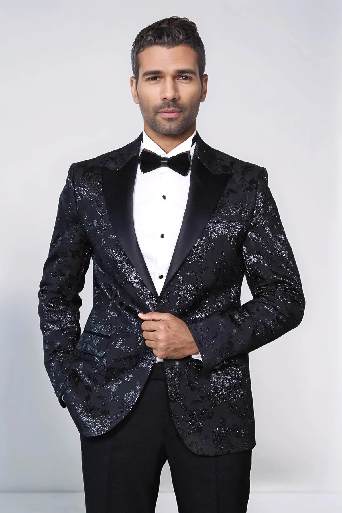 Floral Patterned Shiny Peak Lapel Black Men Prom Blazer - Wessi