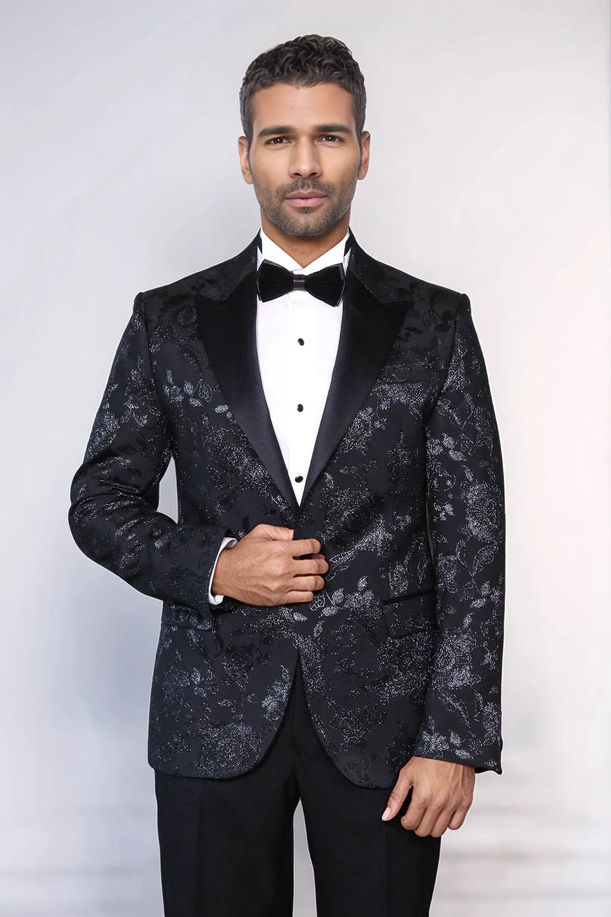 Floral Patterned Shiny Peak Lapel Black Men Prom Blazer - Wessi