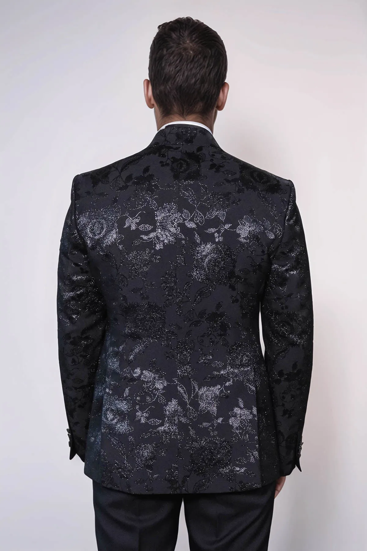 Floral Patterned Shiny Peak Lapel Black Men Prom Blazer - Wessi