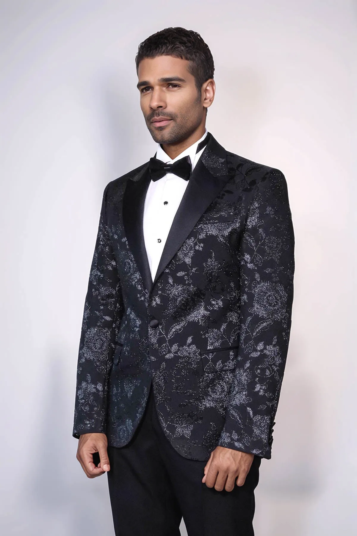 Floral Patterned Shiny Peak Lapel Black Men Prom Blazer - Wessi