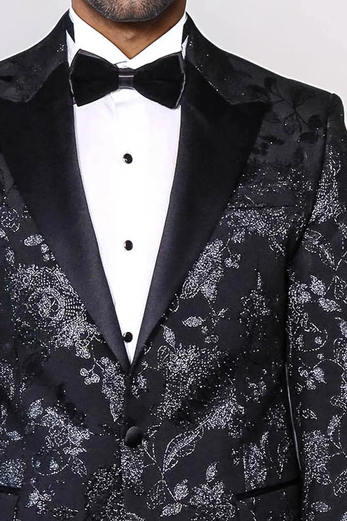 Floral Patterned Shiny Peak Lapel Black Men Prom Blazer - Wessi