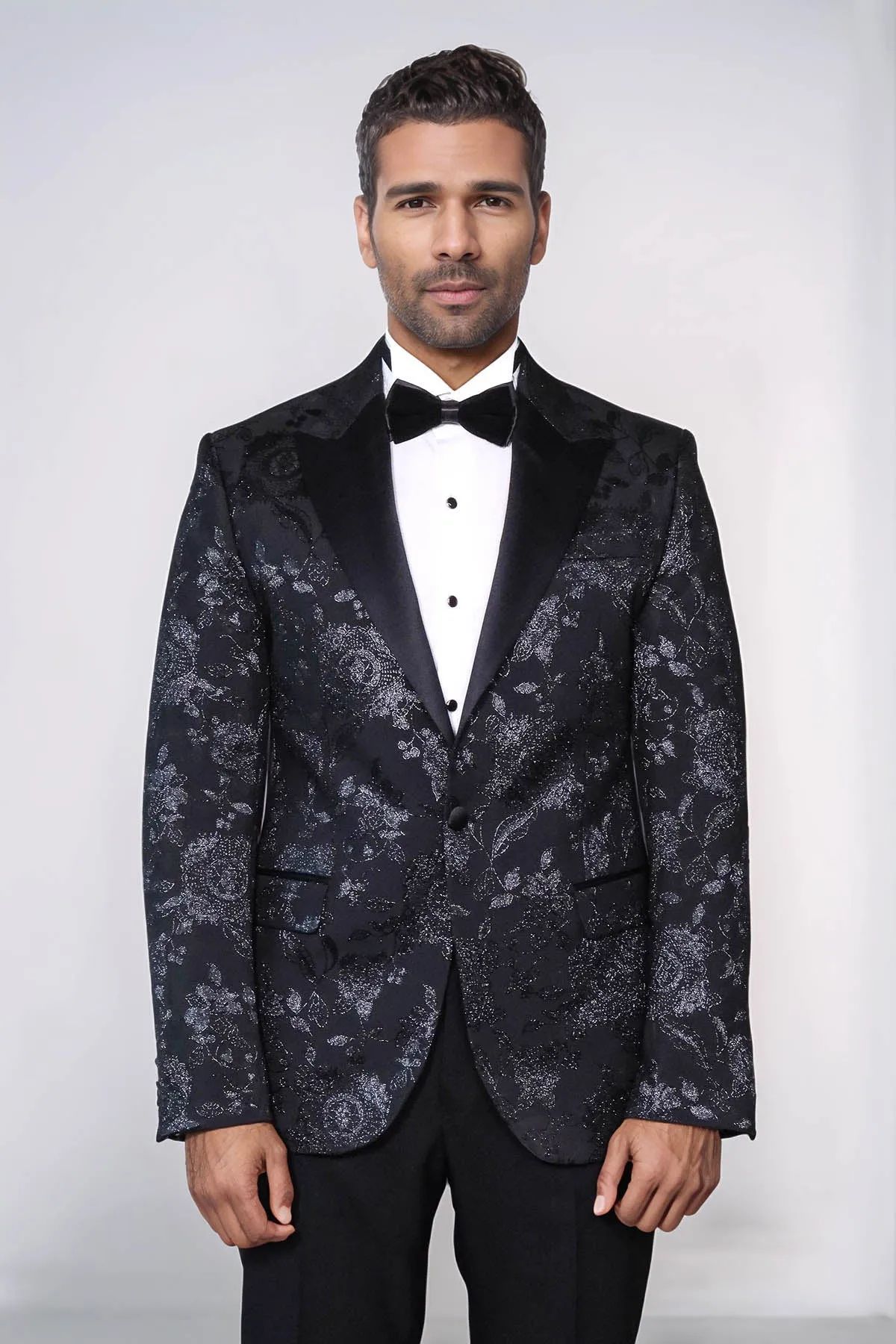 Floral Patterned Shiny Peak Lapel Black Men Prom Blazer - Wessi