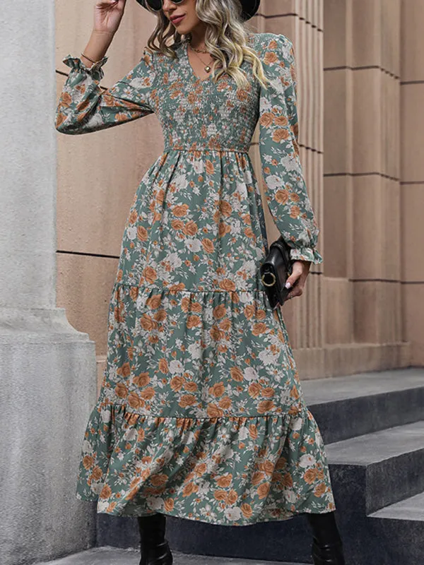 Floral Print Maxi Dress with Smocked Bodice and Tiered Skirt