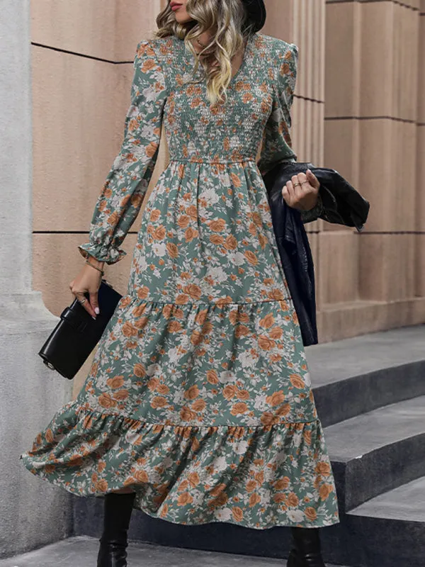 Floral Print Maxi Dress with Smocked Bodice and Tiered Skirt