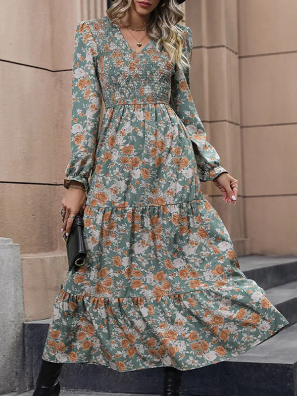 Floral Print Maxi Dress with Smocked Bodice and Tiered Skirt