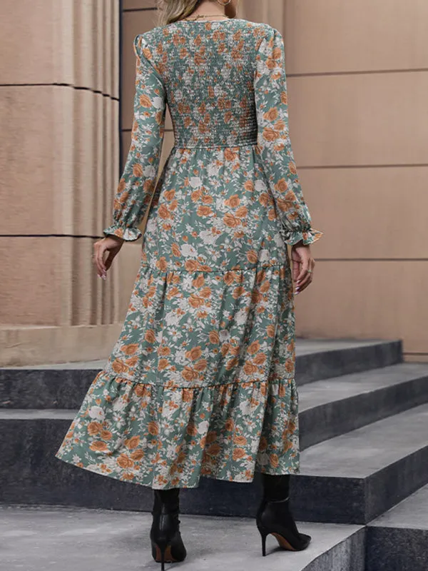 Floral Print Maxi Dress with Smocked Bodice and Tiered Skirt