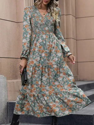 Floral Print Maxi Dress with Smocked Bodice and Tiered Skirt