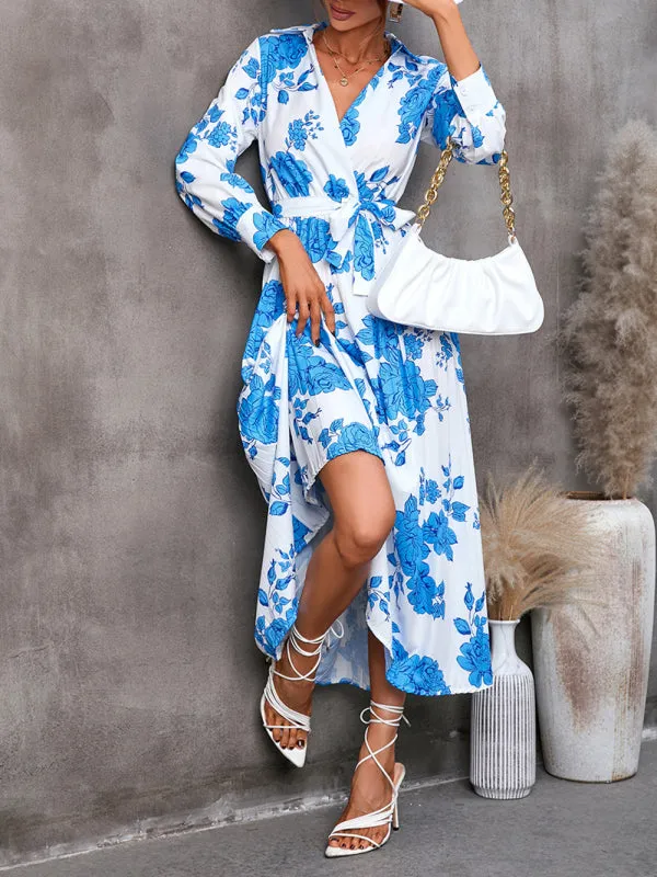 Floral Print Wrap-Style Mid-Length Dress with Tie Waist