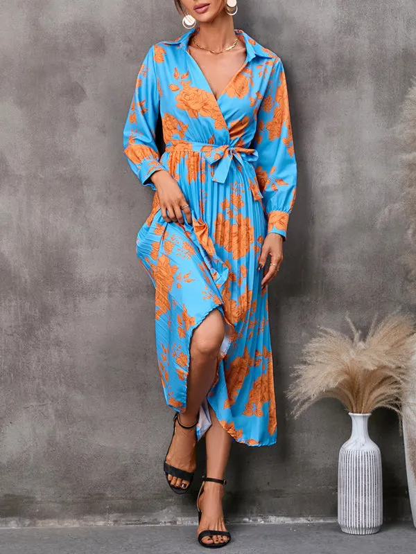Floral Print Wrap-Style Mid-Length Dress with Tie Waist