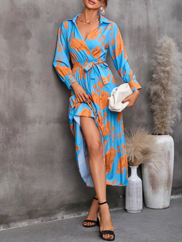 Floral Print Wrap-Style Mid-Length Dress with Tie Waist