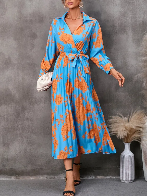 Floral Print Wrap-Style Mid-Length Dress with Tie Waist