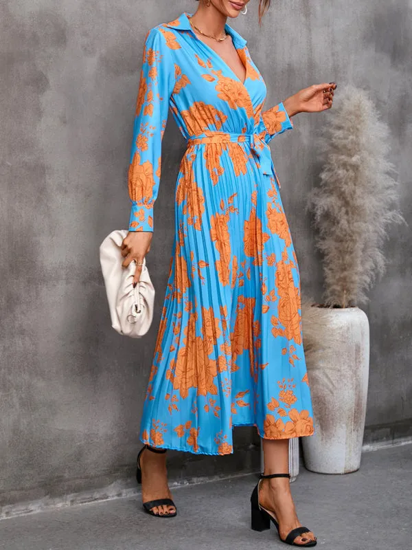 Floral Print Wrap-Style Mid-Length Dress with Tie Waist
