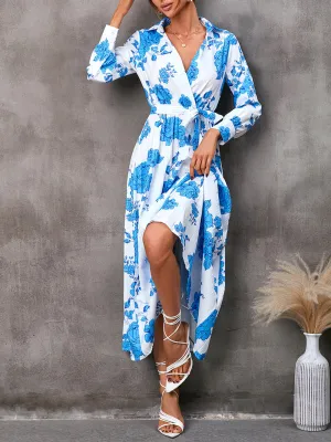 Floral Print Wrap-Style Mid-Length Dress with Tie Waist
