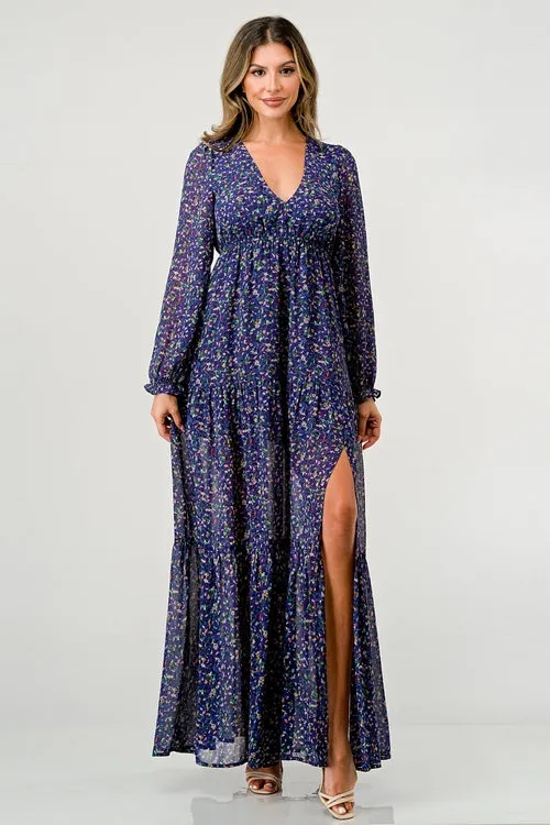 Floral V-Neck Long Sleeve Maxi Dress with Tiered Skirt and Side Slit