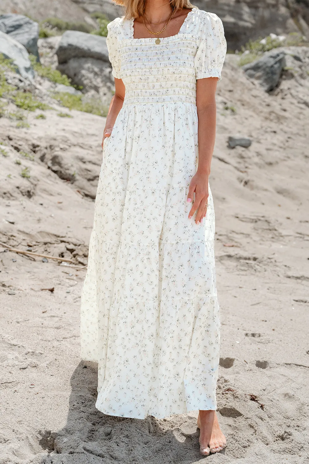 Frilly Shirred Tiered Maxi Dress