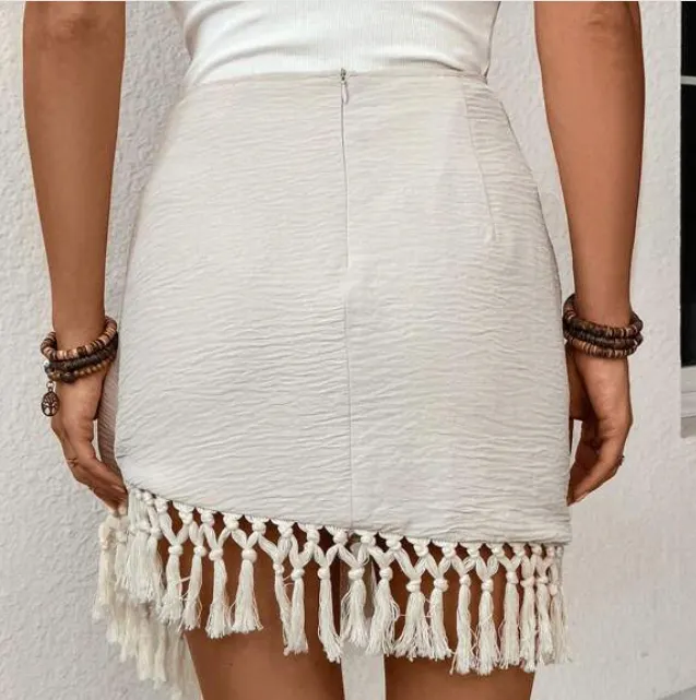 Fringe Trim Wrap Tassel Hem Skirt