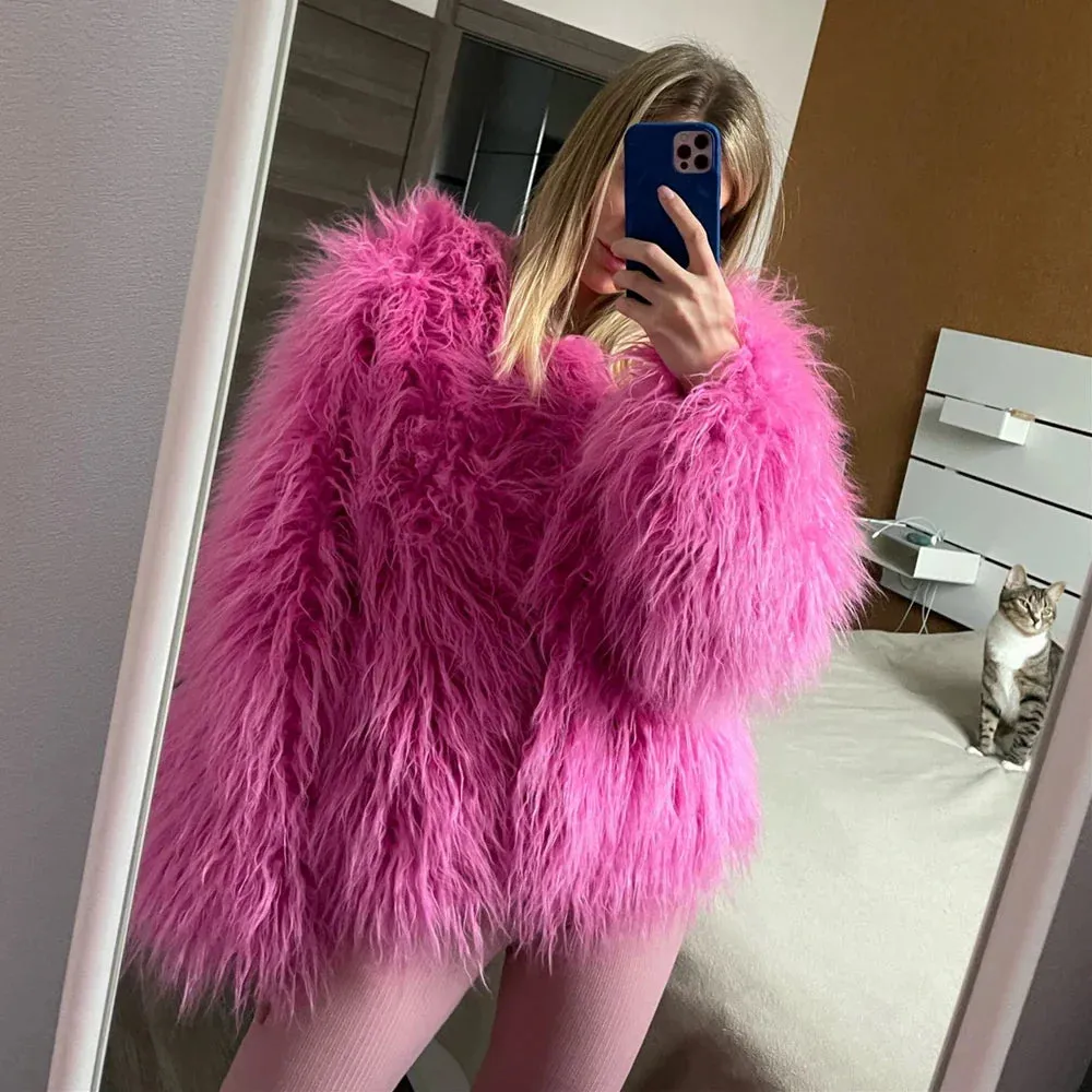 Fur Coats Women Autumn Winter Top Fashion Pink Faux Fur Coat Elegant Thick Warm Faux Fur Jackets