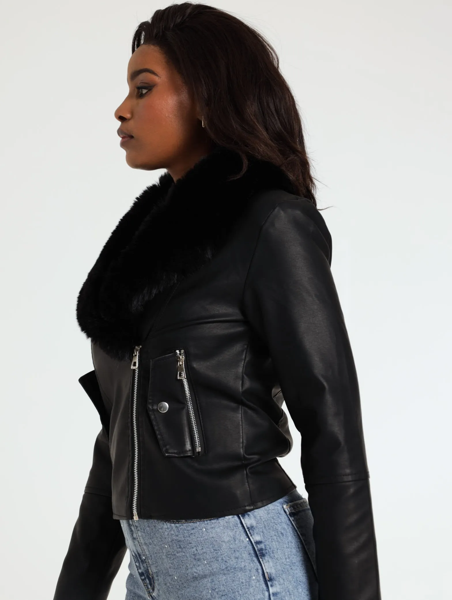 Fur Collar Biker Jacket - Black