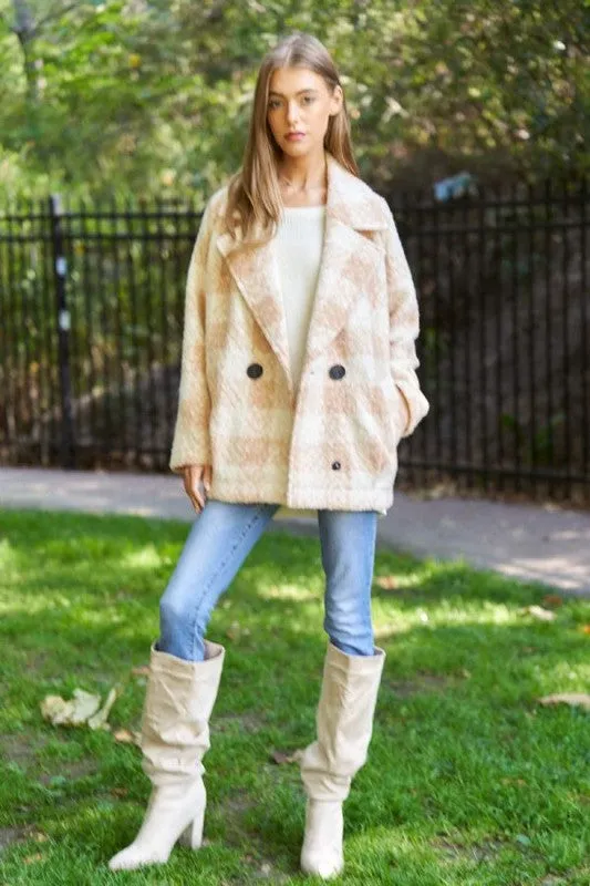 Fuzzy Textured Double Breasted Coat Jacket