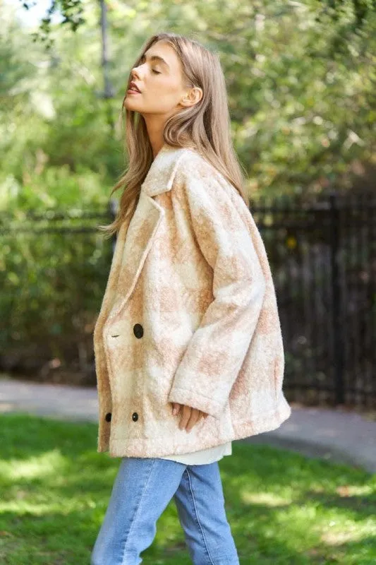 Fuzzy Textured Double Breasted Coat Jacket