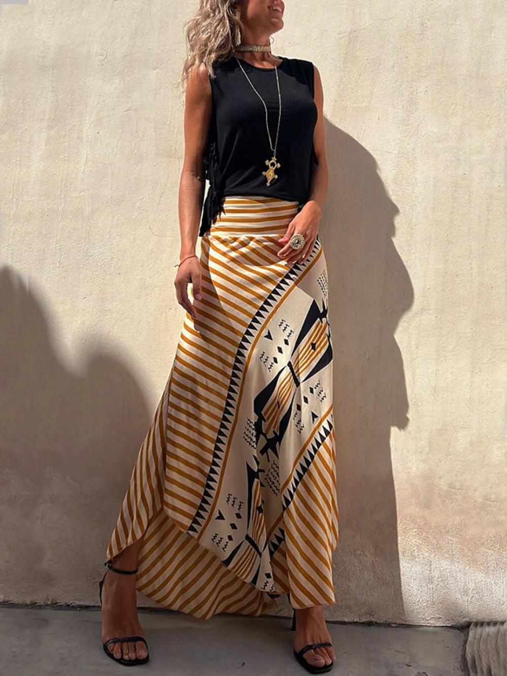 Geometric Print Elastic Charming Waist Maxi Skirt