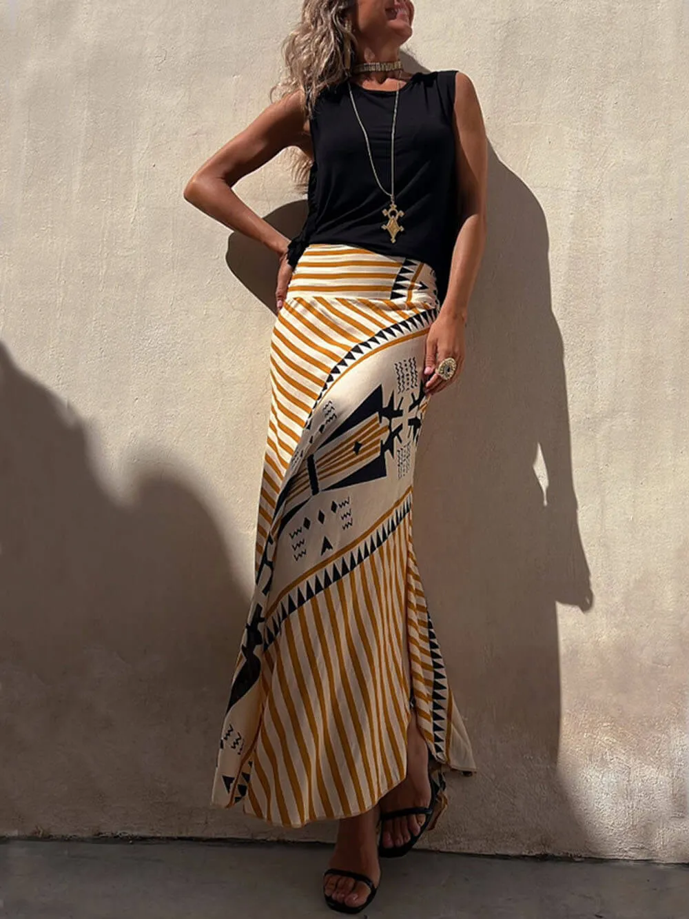 Geometric Print Elastic Charming Waist Maxi Skirt