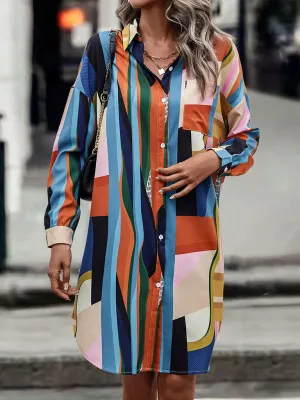 Geometric Print Mid-Length Shirt Dress with Lapel Collar