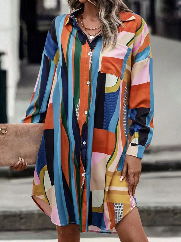 Geometric Print Mid-Length Shirt Dress with Lapel Collar