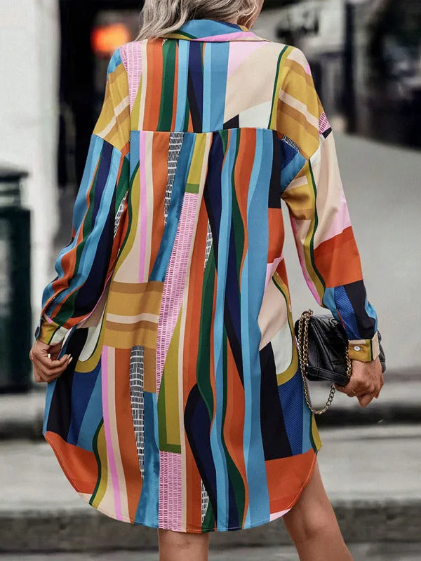 Geometric Print Mid-Length Shirt Dress with Lapel Collar