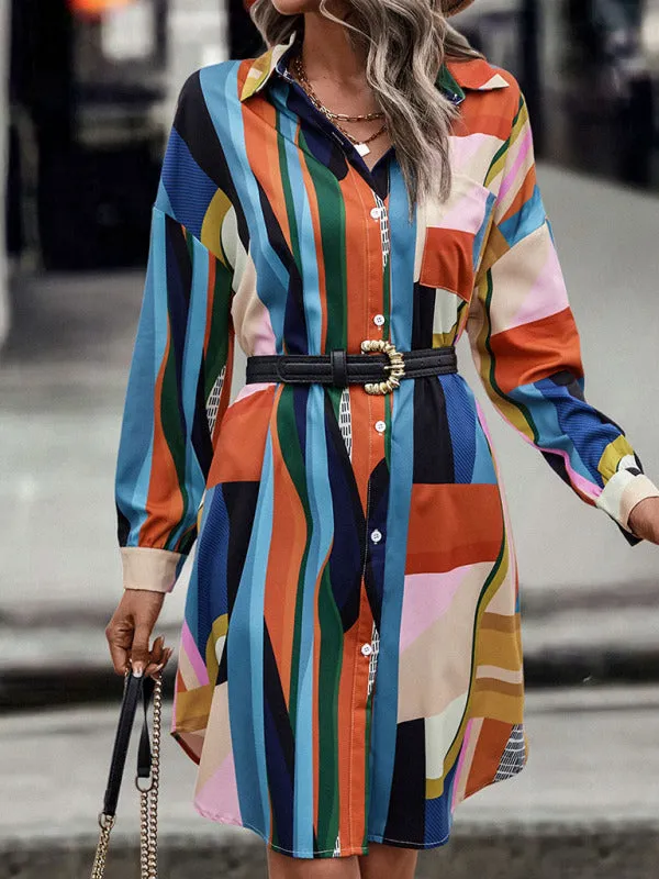 Geometric Print Mid-Length Shirt Dress with Lapel Collar
