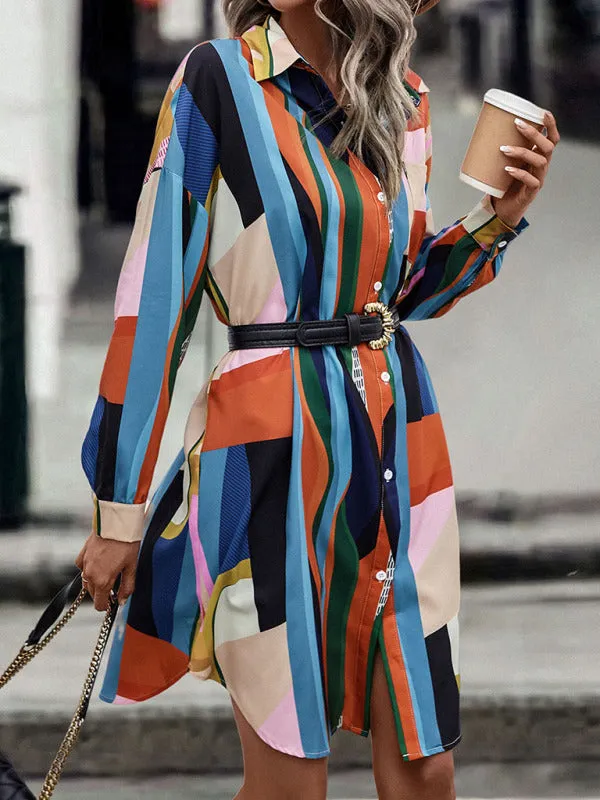 Geometric Print Mid-Length Shirt Dress with Lapel Collar