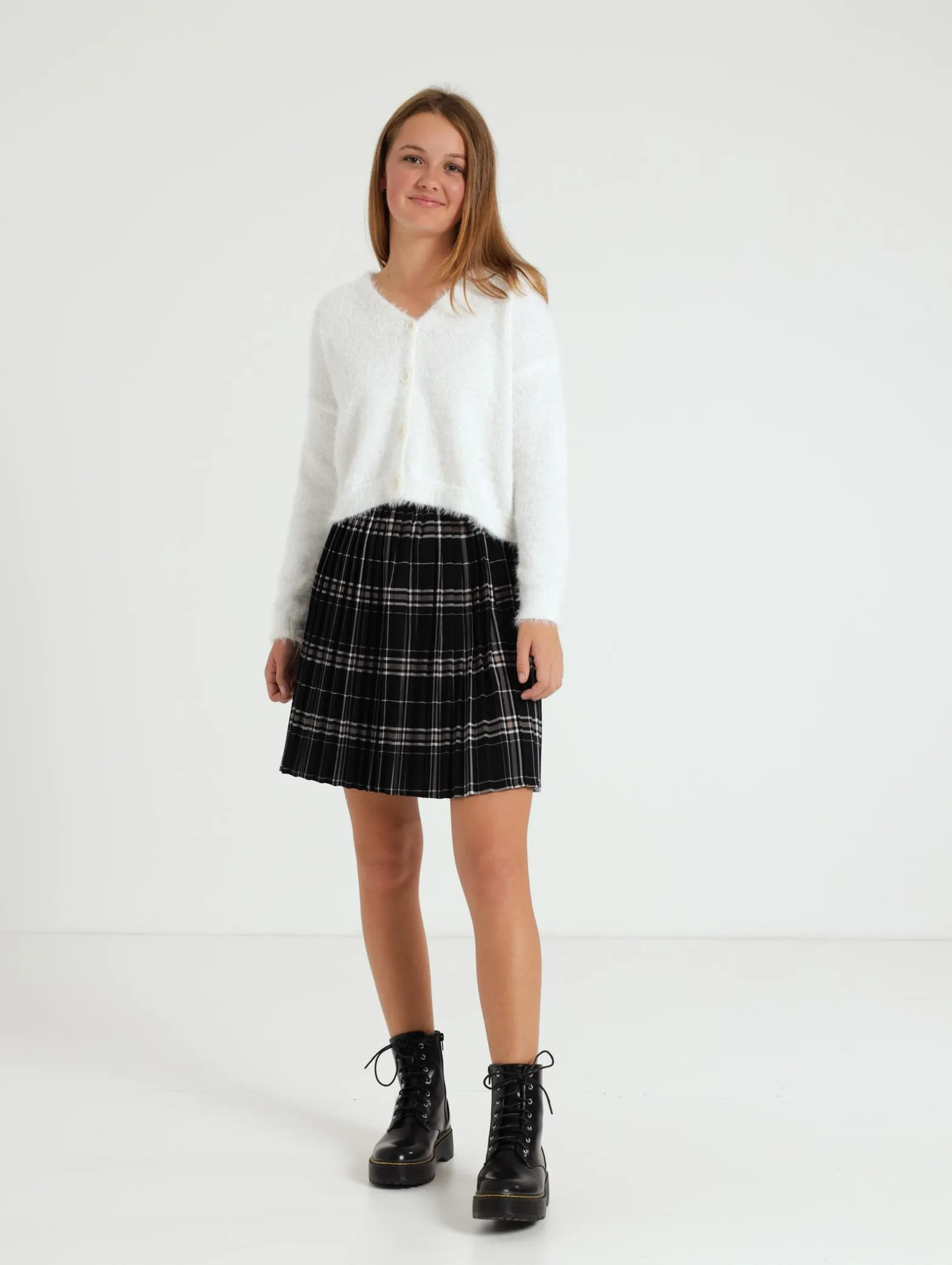 Girls Check Pleated Skirt - Black