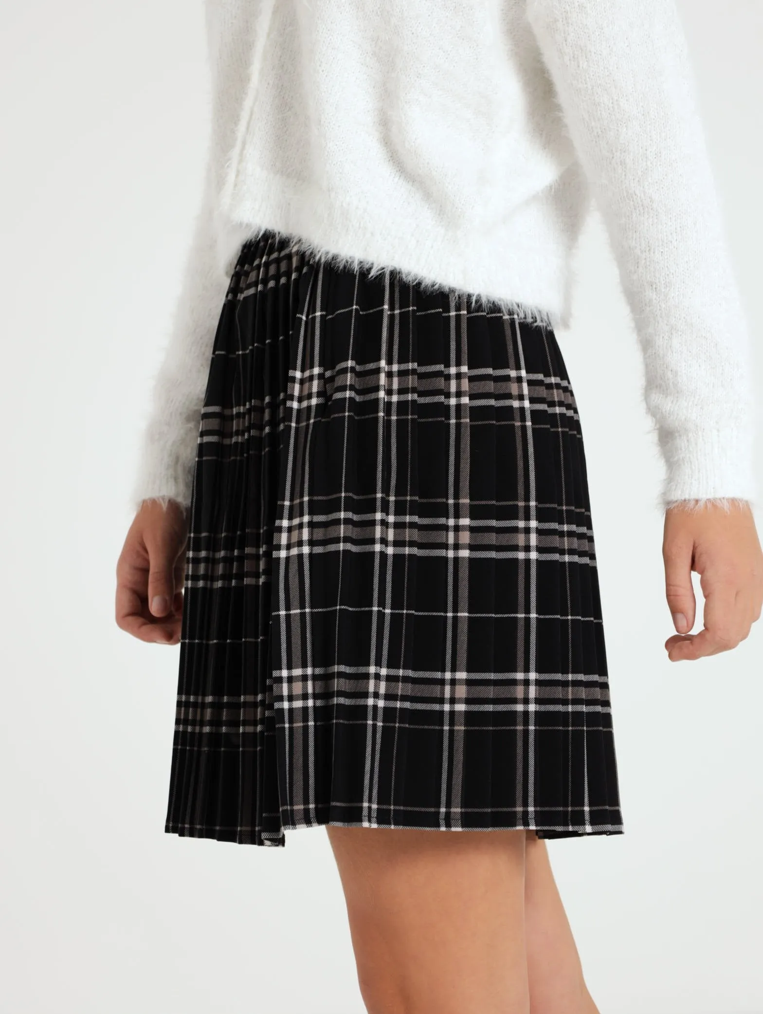 Girls Check Pleated Skirt - Black
