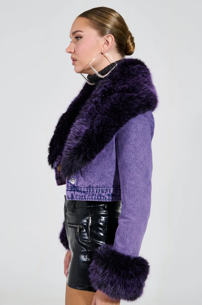 GISELE CROPPED FUR TRIM DENIM JACKET IN PURPLE