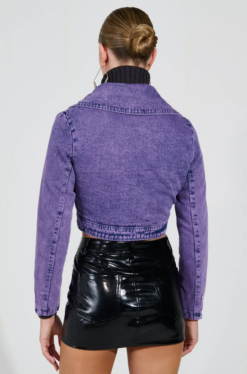 GISELE CROPPED FUR TRIM DENIM JACKET IN PURPLE