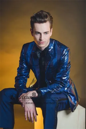 Glitter Sequins Men Suits Notched Lapel Groom Tuxedos 2 Pieces Sets Wedding Prom Blazers Pants Outfit Terno Masculino Completo