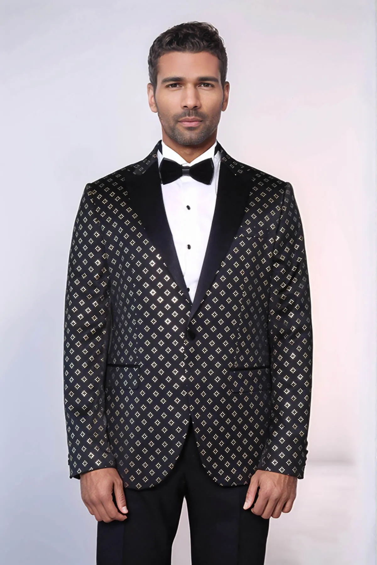 Gold Diamond Pattern Over Black Tuxedo Blazer - Wessi